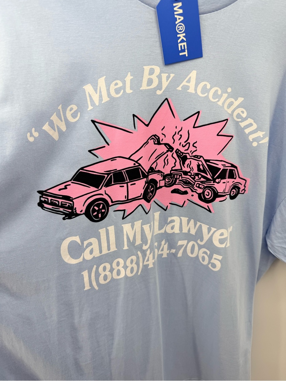 Arket Men's Light Blue Tee with Pink & White Graphic